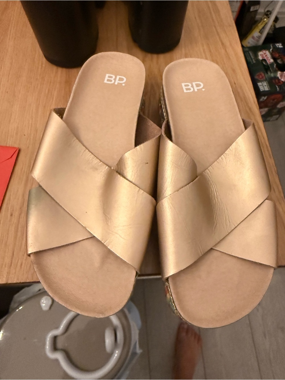 bp Metallic Gold Crisscross Slide Sandals